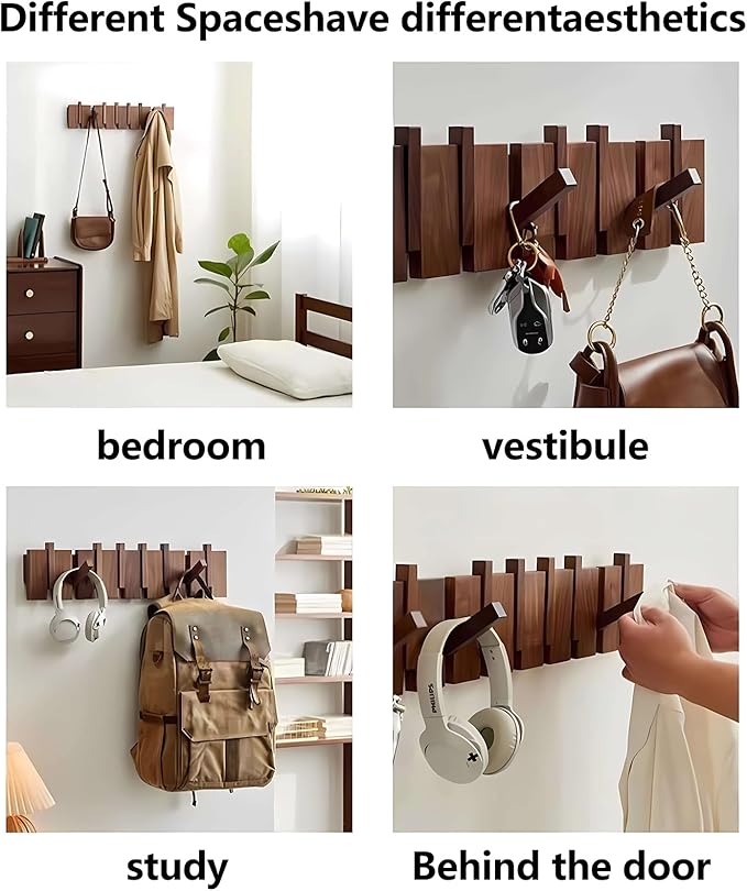 Wall Mounted Piano Key Hanger | Flip Style Hook | Entrance Wall Art Hook, Made of Oak Wood (3 Times Painted, 4 Times Polished) (Walnut-Beech, 4Hooks)
