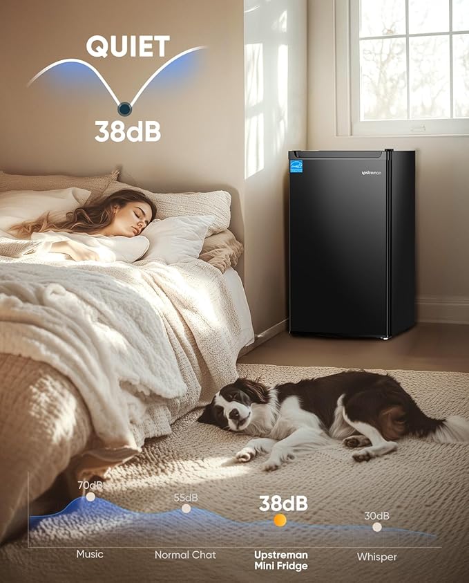 Upstreman 4.4 Cu.Ft Mini Fridge with Freezer, Single Door Mini Refrigerator for Bedroom, Extra Large Capacity, Energy-efficient, Small fridge for Office, Dorm, Kitchen, Black-BR44