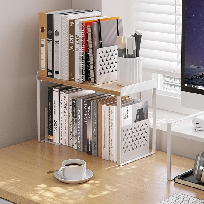 Mitus Shelf Organizer and Storage, Tiered Wood Cabinet Rack for The Kitchen Counter, Bathroom Counter, Pantry Cupboard, Office Desk Bookshelf, 12" Wide Natural and White