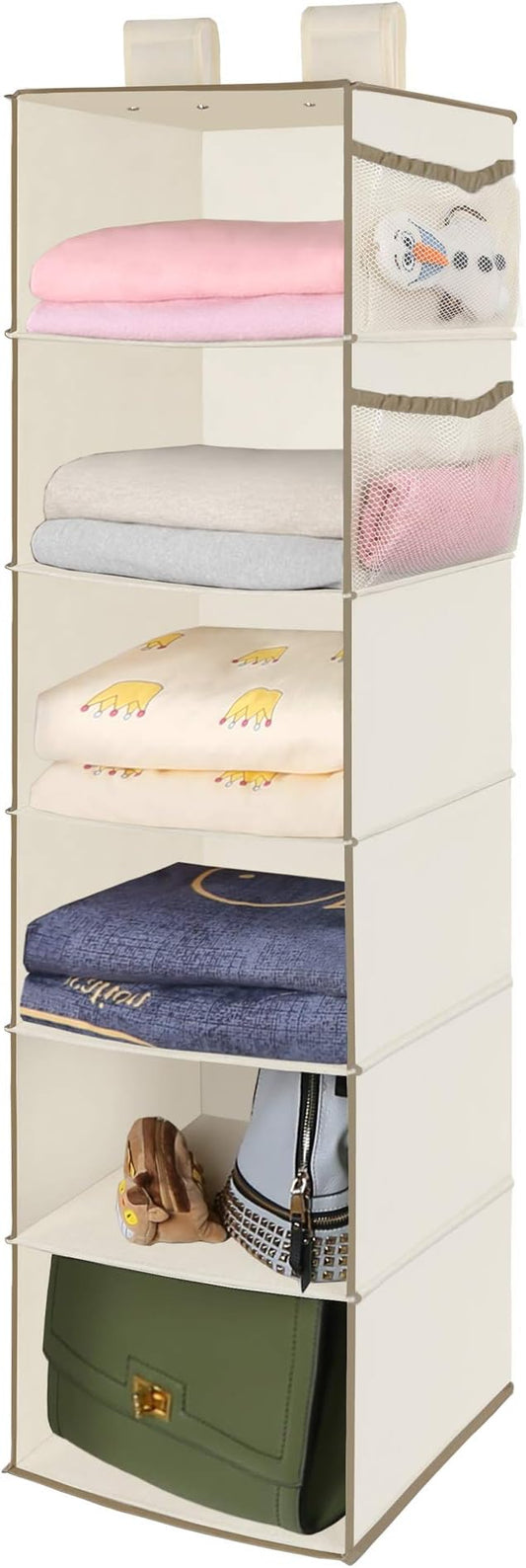 MAX Houser 6 Tier Shelf Hanging Closet Organizer, Closet Hanging Shelf with 2 Widen Straps for Storage, Foldable (Beige2)