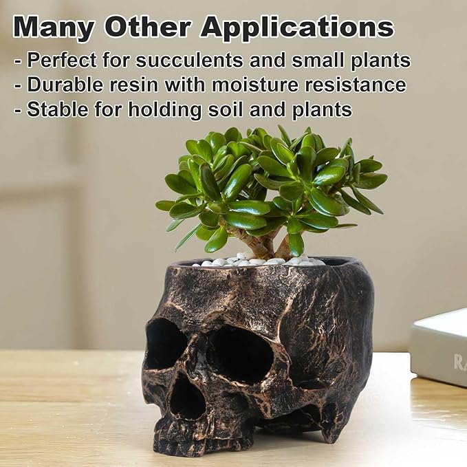 Halloween Skull Candy Dish- Deep Skull Head Halloween Candy Bowl Holder Artificial Resin Skulls Decor Indoor Outdoor Table Centerpieces Flower Pot Plant Office Pen Holder Desktop Ornaments - Bronze