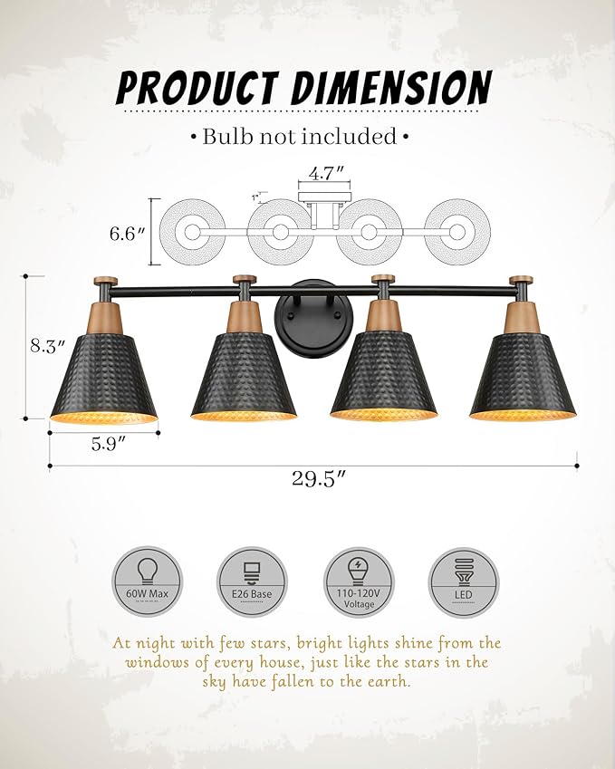 FEMILA 30" Bathroom Light Fixtures, 4 Light Vanity Lighting Fixtures with Wood Grain Paint and Black Finish, Light Fixtures for Bathroom Above Mirror, 4FG75B-4W BK