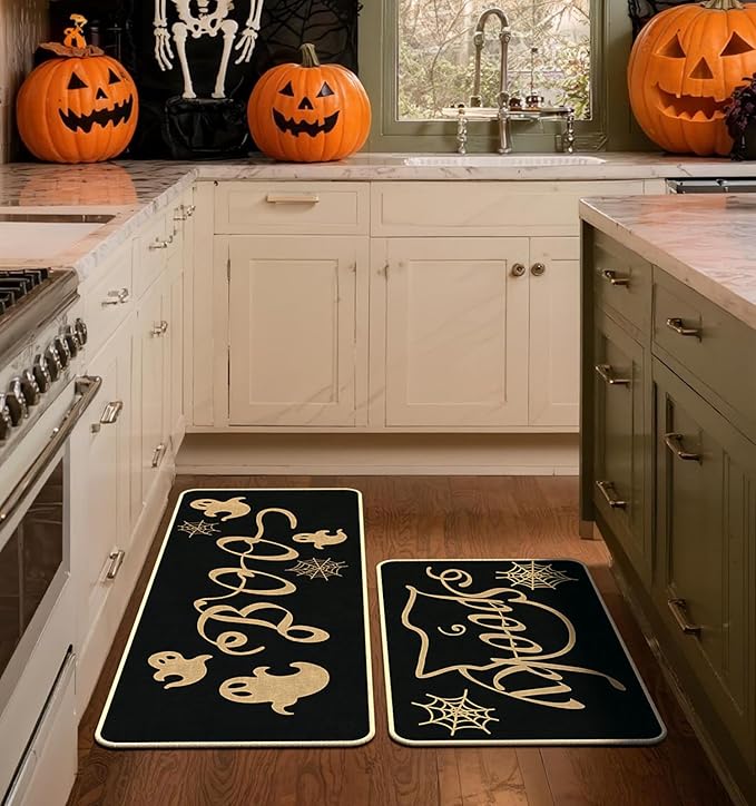 Halloween Kitchen Mat Set of 2, Spooky Spider Web Ghosts Boo Halloween Decor, Halloween Rug for Floor, Indoor Home Decor with Non-Slip Backing,17 x 29 Inch & 17 x 47 Inch