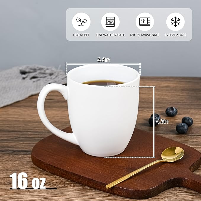 16oz Coffee Mugs Set of 6, Large Ceramic Modern Coffee Mugs With Handle For Tea,Latte,Cappuccino,Cocoa. Dishwasher.Microwave Safe (Matte White)