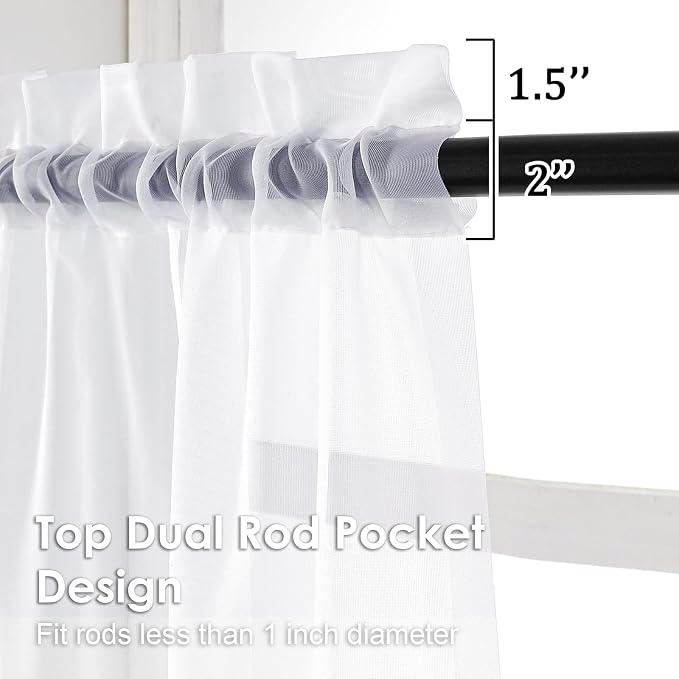 White Sheer Curtains 45 Inch Long 2 Panels, Rod Pocket Voile Drapes - Image 3