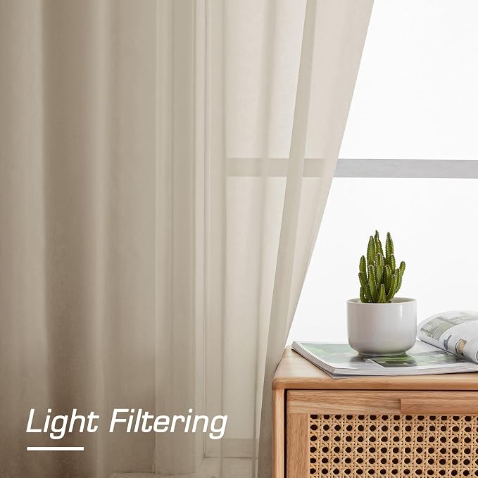 Sheer Curtains 63 inch Length 2 Panels Set, Light Weight Soft Solid Light - Image 2