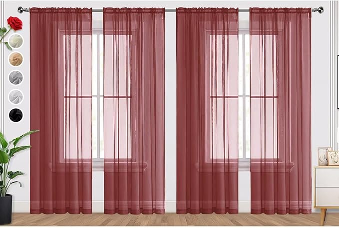 SpaceDresser Burgundy Sheer Curtains 4 Panels Rod Pocket Semi-Sheer Curtain 84 by SpaceDresser