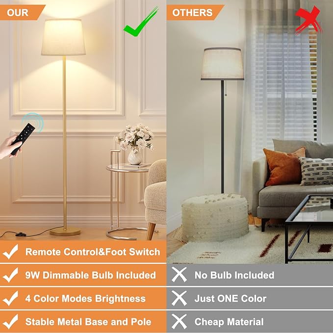 【Upgraded Floor Lamps for Living Room, Modern Floor Lamp with Remote Control, Dimmable Colors Temperature Standing Lamp Foot Switch, 9W Bulb Tall Lamps for Bedroom Office Kid Room - Gold