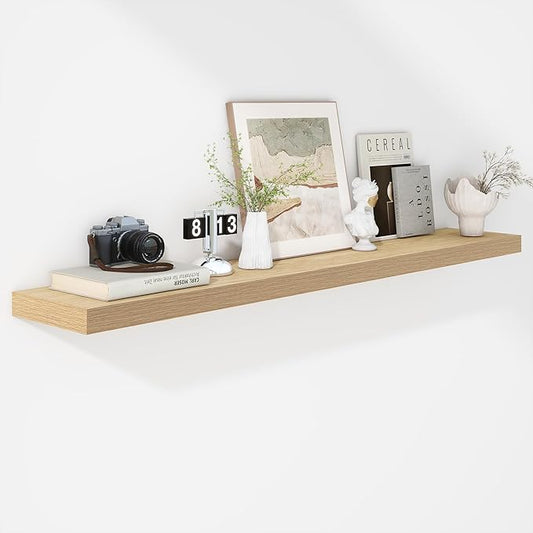 Fun Memories 55 Inch Floating Shelves - 9 Inch Deep Rustic Wooden Wall Shelves - Extra Deeper & Thicker Wall Mounted Storage Shelf for Living Room, Kitchen, Farmhouse - 55" W x 9" D x 1.8" H - Oak