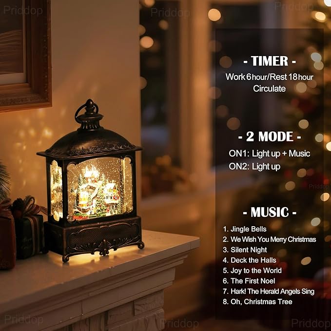 Christmas Snow Globe Lantern Christmas Decorations Gifts Snowy Village Scene Snowman Church Cabin Train Musical Glitter Snowfall USB/Battery Timer 12 inch