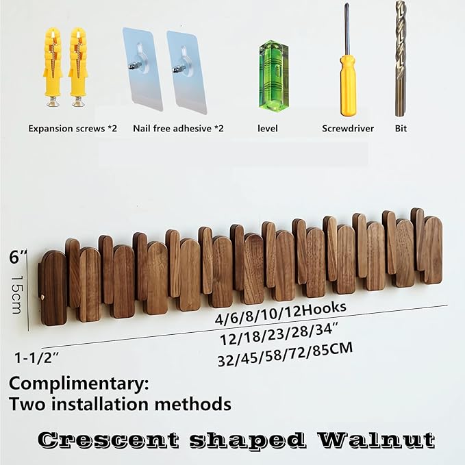 Wall Mounted Piano Key Hanger | Flip Style Hook | Entrance Wall Art Hook, Made of Oak Wood (3 Times Painted, 4 Times Polished) (Arc Walnut-Beech, 10Hooks)