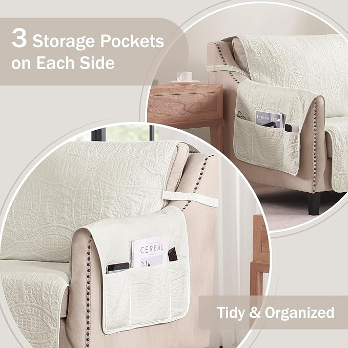 Quilted Recliner Chair Covers, Water-Repellent Slipcovers, Off White Recliner - Image 4