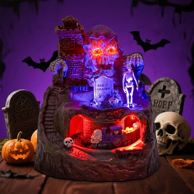 innodept12 Animated Halloween Small Village House - Moving Train and Skull Ghosts Tombstones Figurines with Pre-Lit Spooky Voice, Battery Operated, Not Including
