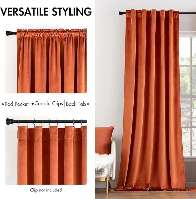 MIULEE Velvet Curtains 52x84 inches 2 Panels Fall Orange Blackout Curtains | - Image 2
