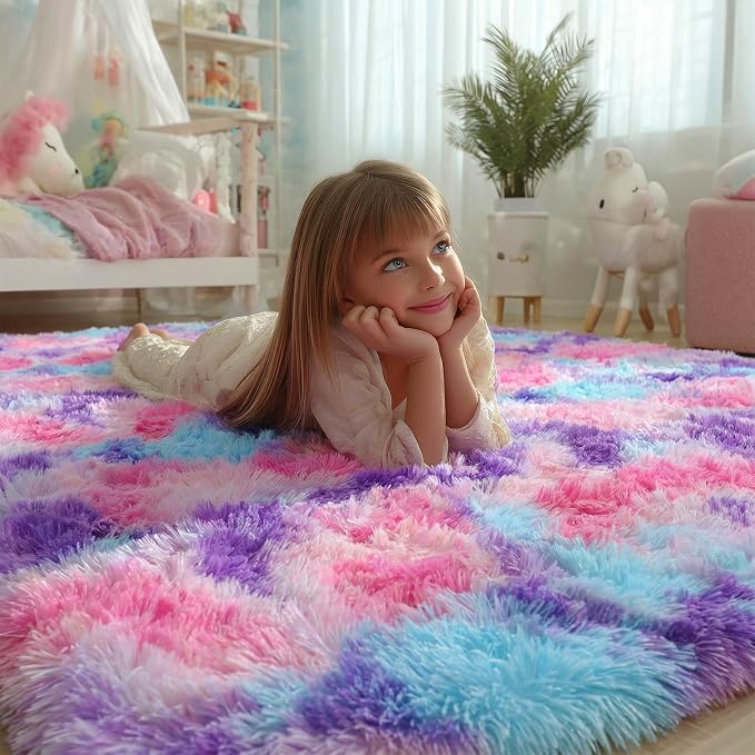 Vibrant Rainbow Purple Rugs for Girls Bedroom 5x8 Ft, Fluffy Pastel Girl Rug | - Image 5