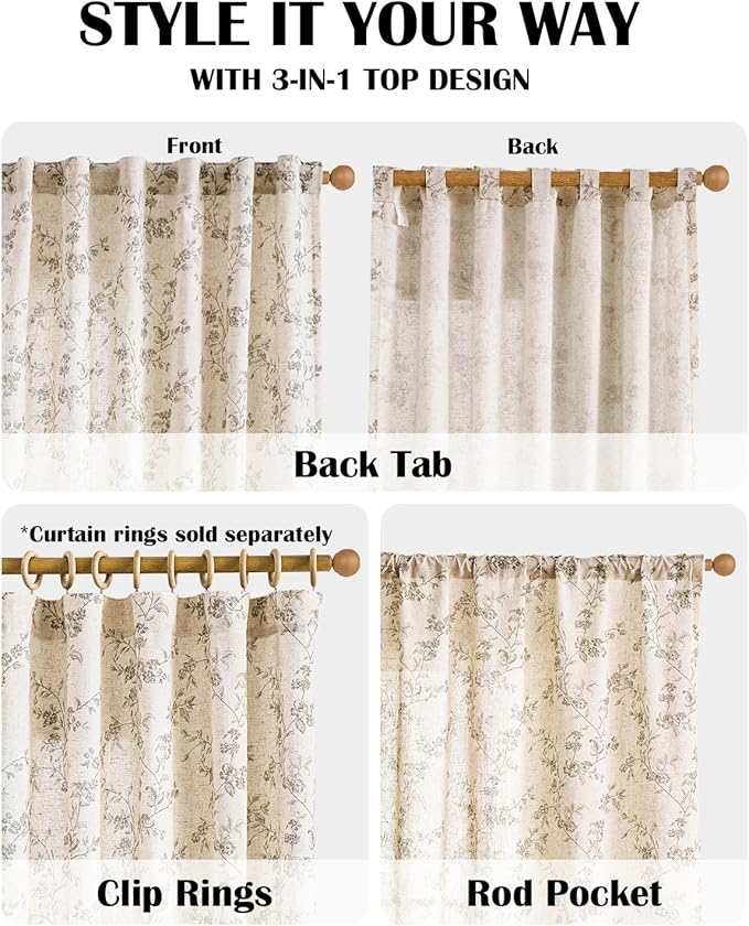 Lazzzy Floral Linen Curtains Farmhouse Extra Long Curtain - Image 4