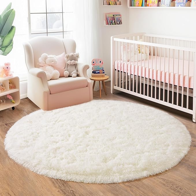 5'x5' Cream Round Rugs for Girls Bedroom, Ultra Soft Fluffy Circle Rug for Kids - Image 9