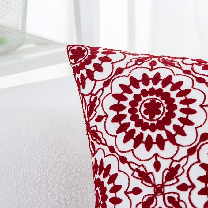 HWY 50 Red Decorative Throw Pillow Covers 18x18 Inch, Pack of 2 Embroidered Cotton Farmhouse Cushion Cover Pillow Case for Sofa Couch Living Room Bed Bedroon, Little Sunflower Design