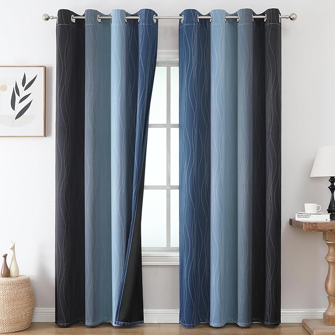 Estelar Textiler Black and Navy Blue Gradient Blackout Curtains by ESTELARTEXTILER