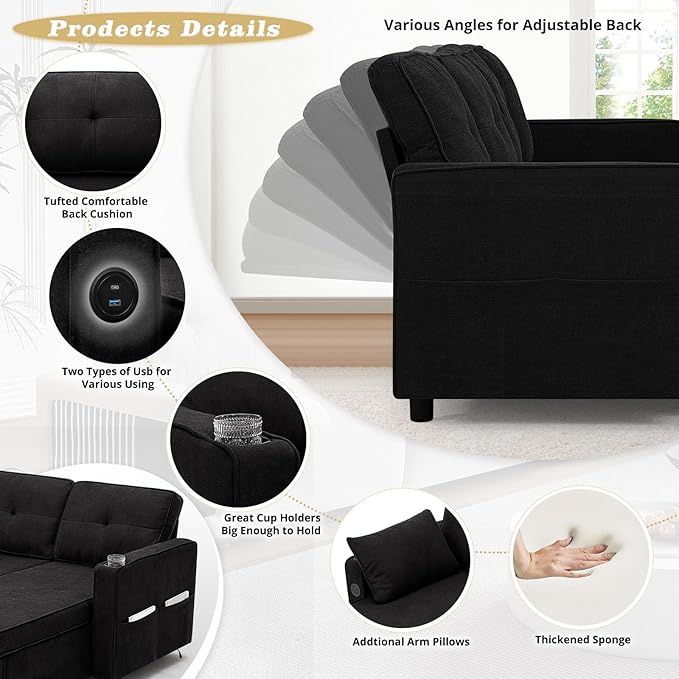 84 Inches Fabric Sectional Sofa w/Pull Out Sofa Bed & Adjustable Back, Tufted L Shaped Couch w/Storage Chaise, Sleeper Sectional Sofa w/USB Port & Cup Holders for Living Room, Black