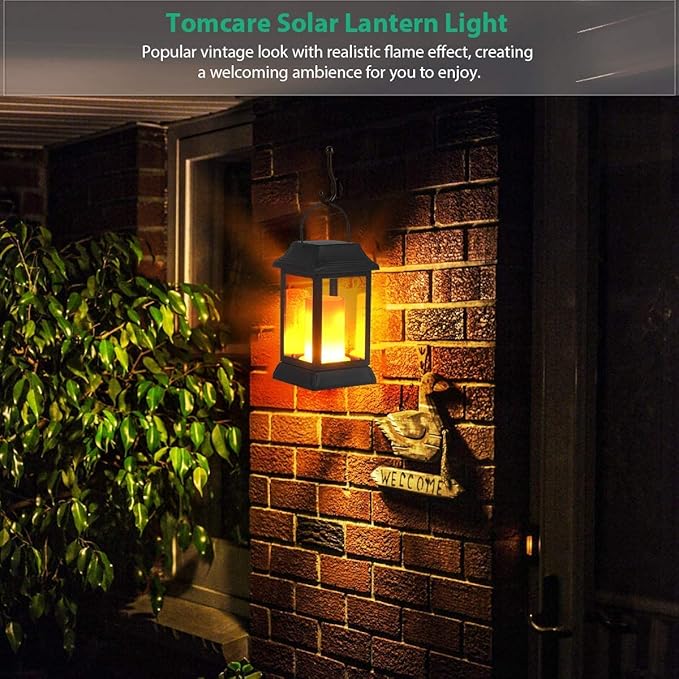 TomCare Solar Lights Metal Flickering Flame Solar Lantern Outdoor Hanging Lanterns Decorative Lighting Heavy Duty Solar Powered Waterproof Umbrella Lighting for Garden Yard Patio Deck, 2 Pack（Black）