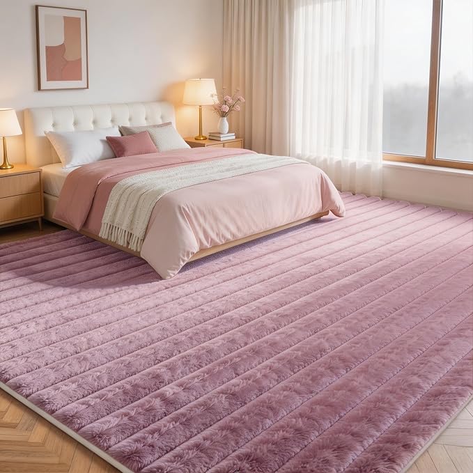 Dusty Rose Rabbit Striped Plush Rug 6'x9', Fluffy Shaggy Area Rug - Image 2