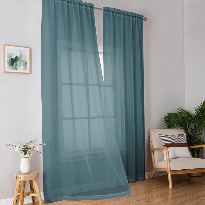 OWENIE Dusty Blue Sheer Curtains 90 Inches Long 2 Panels Set - Image 2