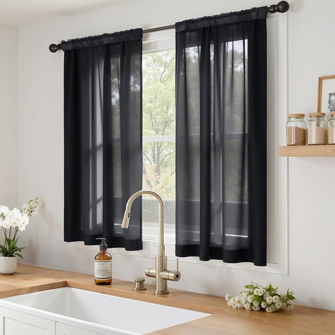 MIULEE Black Short Sheer Curtains 45 Inches Long 4 Panels 42 x 45 Inches | - Image 2
