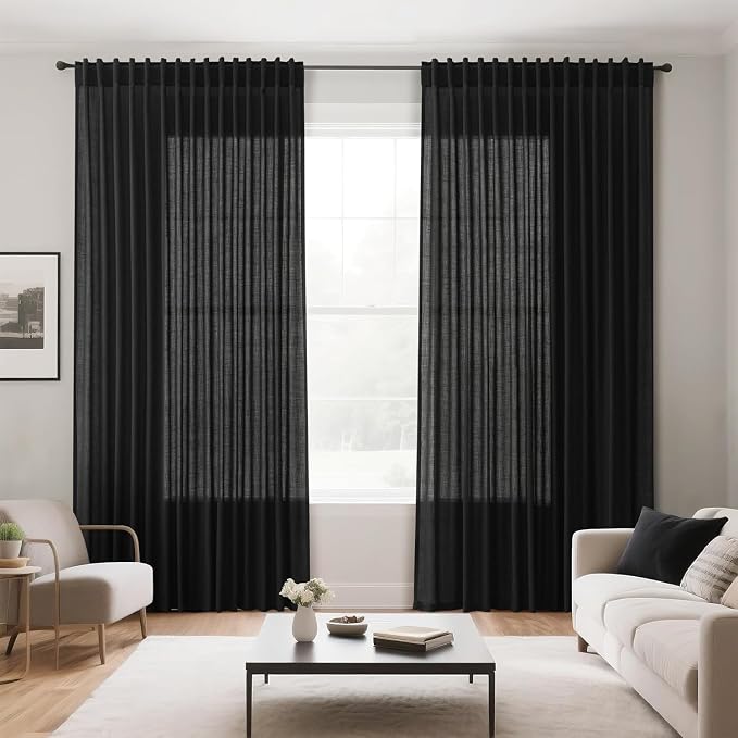 Black Curtains 95 Inches Long 2 Panel Set Back Tab Sheer Black Linen Curtain - Image 7