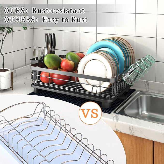 Godboat Dish Drying Rack, Dish Rack with Auto-Drain & Mat, Dish Drainers for Kitchen Counter, Glass Organizer for 4 Cups, 3 Slots Utensil Holder, Gifts for Women Mothers Day, Kitchen Gadgets & Decor