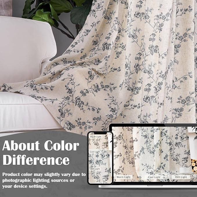 Black Vintage Floral Linen Curtains Farmhouse 38W X 84L 2 Panels | Elisa Series - Image 5
