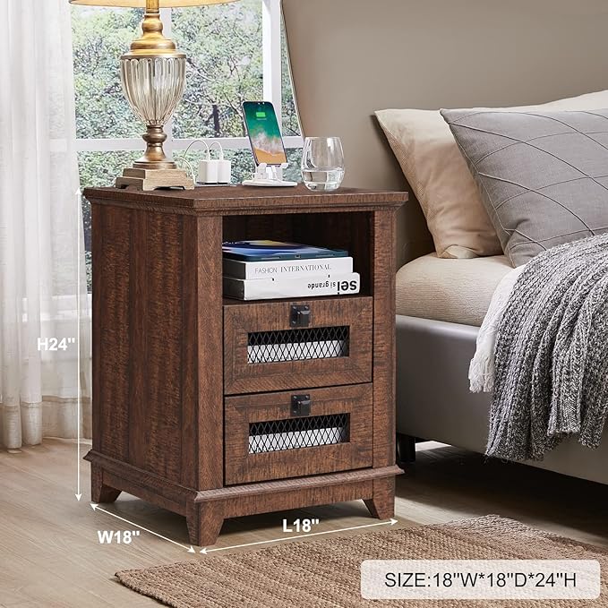 Nightstand with Charging Station,OKD 18'' Industrial & Farmhouse End Table with 2 Drawers &Open Cubby, Rustic Mesh Drawer Sofa Side Table w/Storage for Bedroom, Living Room, Office, Reclaimed Barnwood