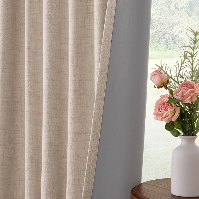 100% Blackout Curtains for Bedroom Oatmeal Linen Look Curtains 90 Inch Long | - Image 6