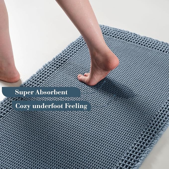 RESARE Waffle Bathroom Runner Rugs, Non Slip Boho Bath Mat 24"x48" Blue | Long - Image 3