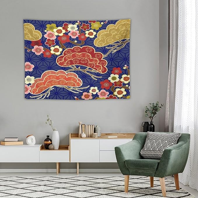 HZOHNAGO Japanese Tapestry Art Abstract Colorful Cherry Blossom Blue Background Pattern Printed Wall Tapestry Painting Wall Hanging for Bedroom Living Room Dorm 40" W x 30" H