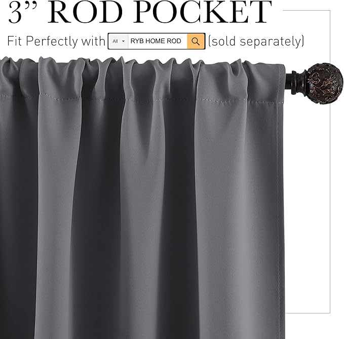 RYB HOME Blackout Curtains for Bedroom Living Room 63 inches Long, Thermal - Image 2