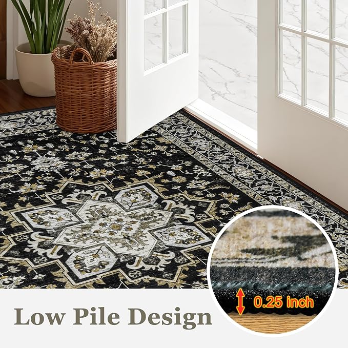 Round Area Rug for Living Room: 6ft Boho Washable Rug Black Gold | Vintage Boho - Image 8