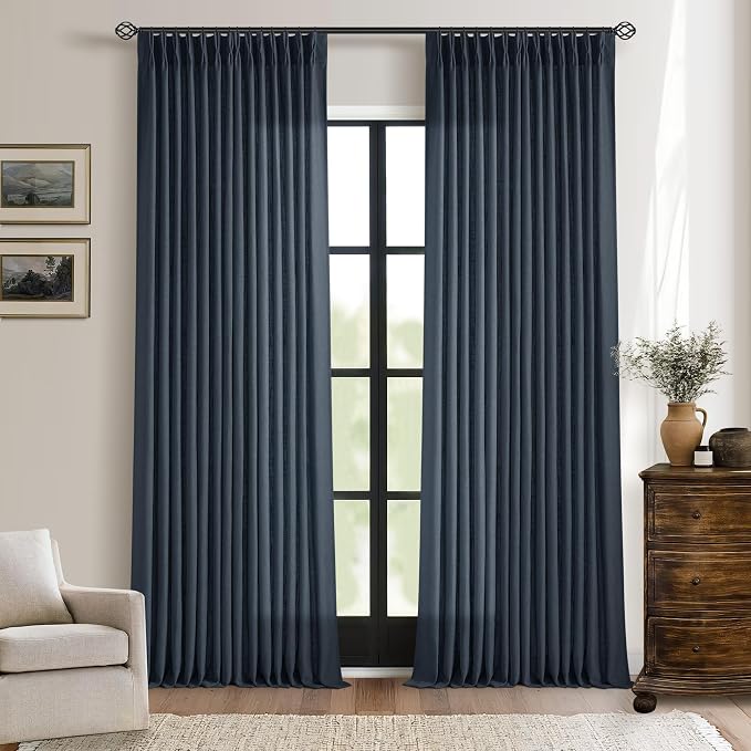 Navy Blue Linen Pinch Pleated Curtains 108 Inches Long 2 Panels | Light - Image 9