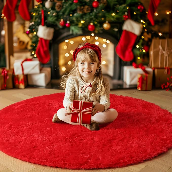 Red Round Rug 4Ft for Bedroom, Fluffy Shag Circle Area Rugs for Kids Room Decor - Image 9