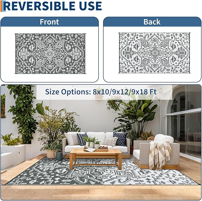 Waterproof Outdoor Rug 9x18 Reversible Plastic Straw Patio Rug, Stain-Resistant Vintage Medallion Carpet, Large Indoor Outdoor RV Mat for Deck, Camping, Balcony, Grey White