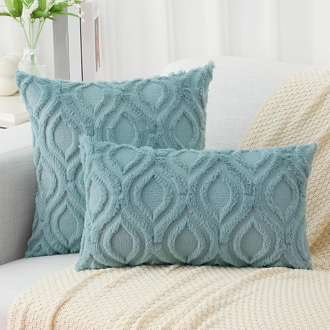 decorUhome Fall Throw Pillow Covers 26x26 Inch Set of 2, Soft Plush Decorative Faux Fur Aqua Solid Couch Pillow Covers, Accent Farmhouse Neutral Square Euro Pillow Cases for Sofa Bed Living Room