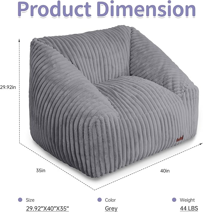 HABUTWAY Bean Bag Chair, Giant Bean Bag Chairs for Adults and Kids, Bean Bag Sofa, Lazy Floor Sofa, Faux Fur Beanbag Chair with Armrests for Living Room Bedroom (Grey)