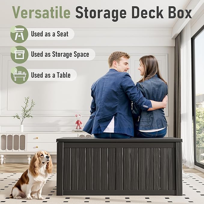 KAMABOKO Outdoor Storage Box, 120 Gallon Large Outdoor Resin Deck Box, Storage Waterproof Boxes Lockable Lid for Garden Tools, Pool Supplies, Patio Furniture and Cushions, Black