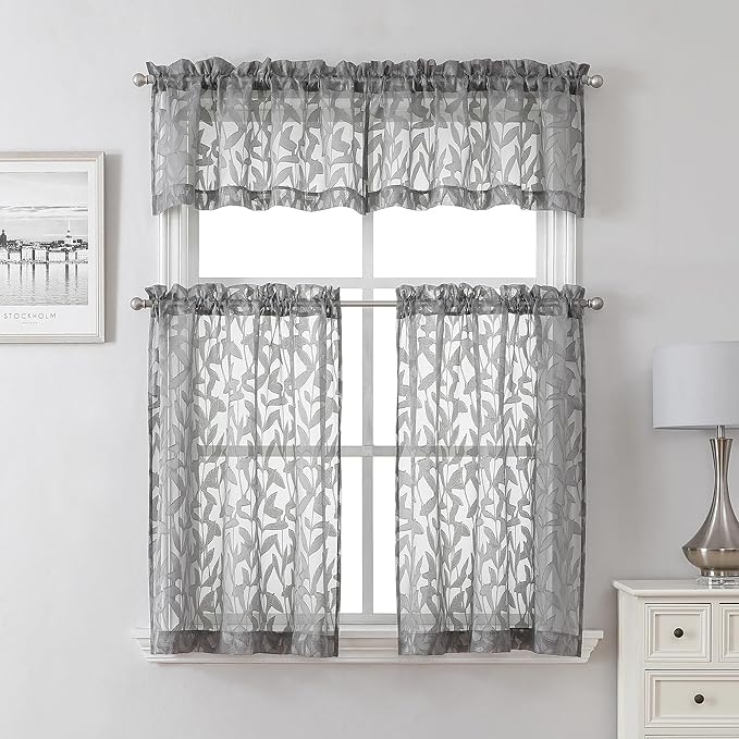 Lecloud Leia Clip Leaf Charcoal Grey Curtains Tiers Sheer Valances - Image 9