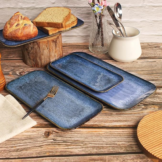 Porcelain Dinner Plates set dessert salad dish Set of 4,Main Dish for Steak,Bread, Pasta,Salad, Microwave Oven and Dishwasher Safe,Scratch Resistant Reusable 9.8 INCH Rectangular