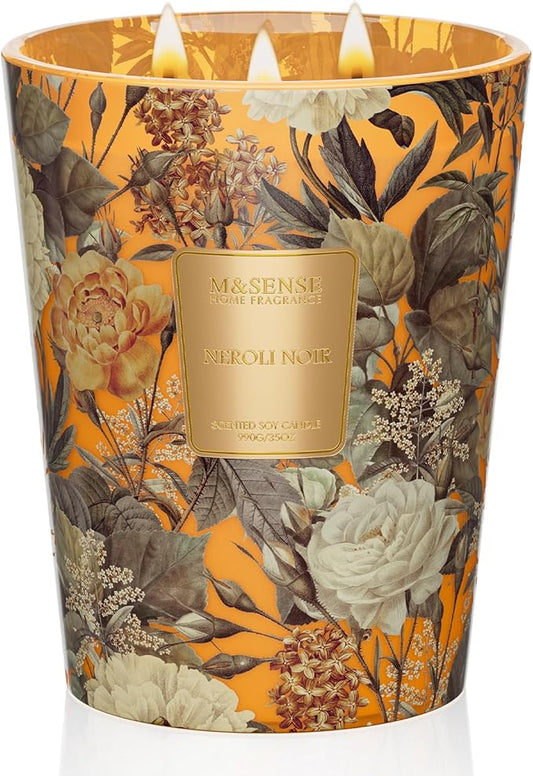 M&SENSE Neroli Noir Scented Candle 3 Wick 35oz 150H Long Lasting, Natural Soy Candles Stress Relief Calm Home Fragrance Housewarming Gifts