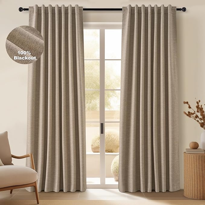 Topfinel 100 Inch Long Black Out Burlap Custom Curtains, Taupe Greige Tweed by Topfinel