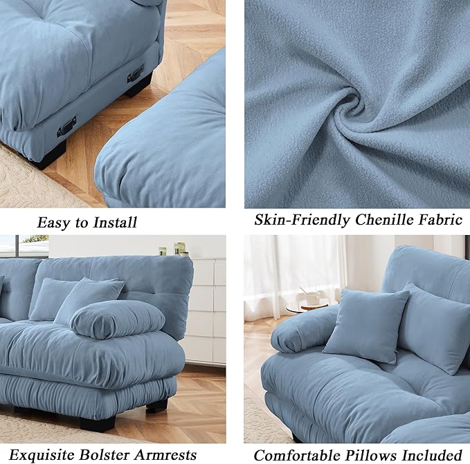 Modular Sectional Sofa, Comfy Cloud Couch 4 Seater Couch, Sectional Couches for Living Room, Modern Chenille Oversized Couches for Bedroom, Sleeper Deep Seat Sofa with Throw Pillows, Blue