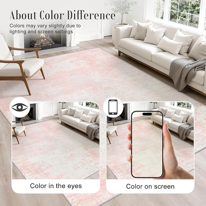 Area Rug Living Room: 4x6 Modern Washable Soft Carpet Pink White | - Image 3