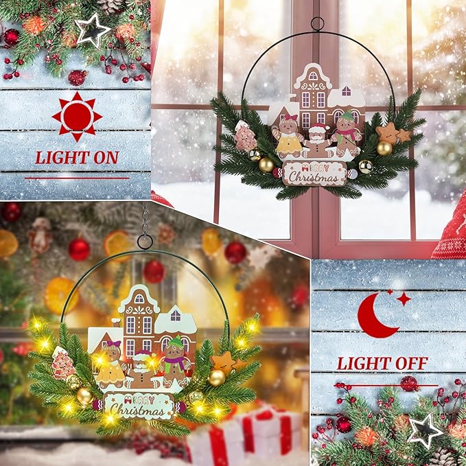 Light up Christmas Wreaths for Front Door, Welcome Metal Wooden Door Wreath Decor Hanging Sign, 30 LED Lighted Wall Decor Battery Operated for Halloween Indoor Outdoor (Gingerbread Man)
